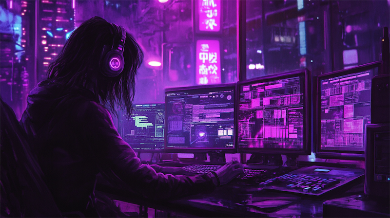 Woman posting on linkedin in cyberpunk style