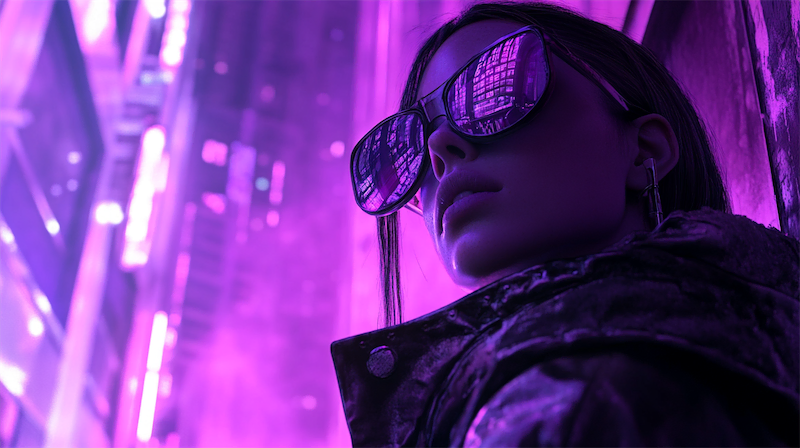 Woman looking away in cyberpunk style