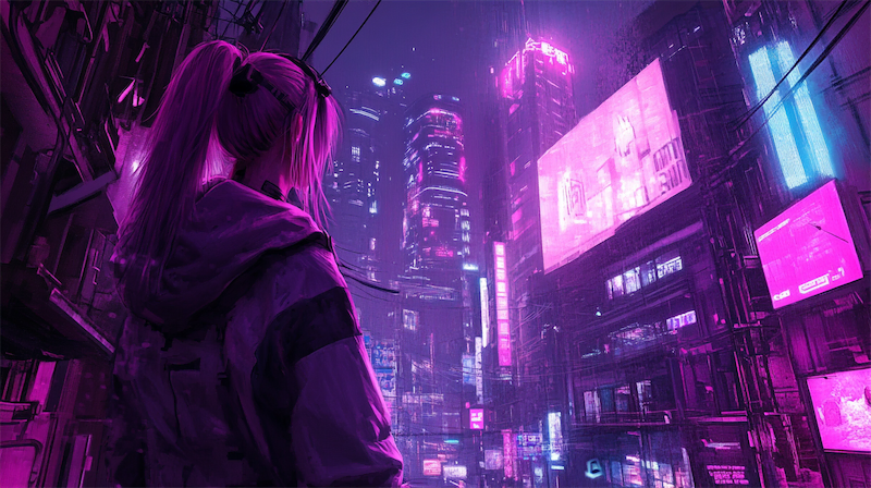 Woman looking at ads in cyberpunk style