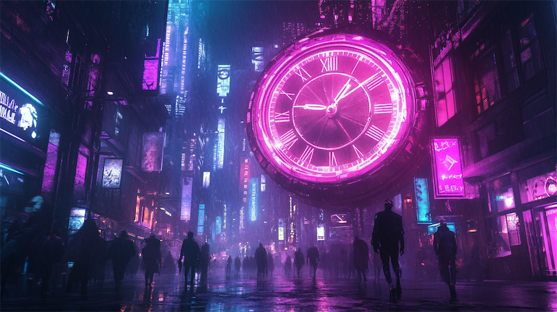 Clock in a street in cyberpunk style